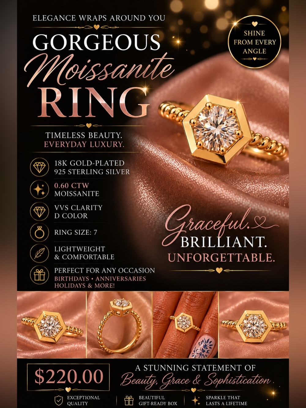 18K Gold-Plated Sterling Silver Hexagon Moissanite Ring